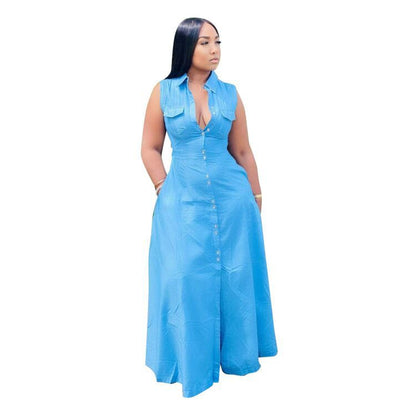 Women Fashion Casual Plus Size Solid Color Lapel Sleeveless Maxi Dress