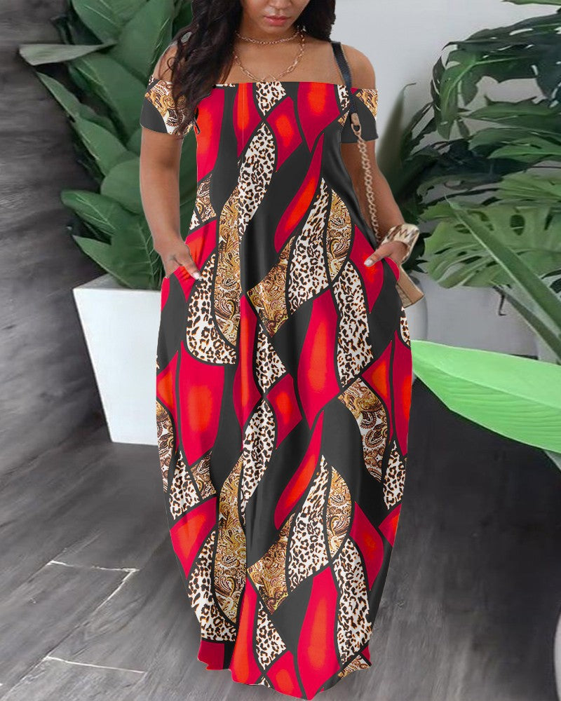 Women Casual Fashion Short Sleeve Off-Shoulder Graphic Printed Maxi Dress