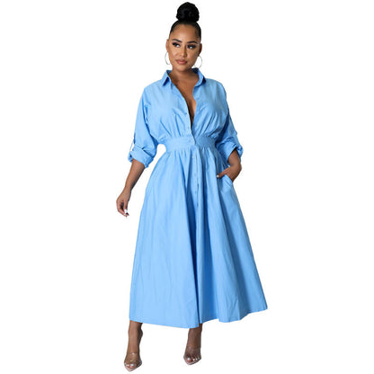 Elegant Women Casual Long-Sleeved Solid Color Maxi Shirt Dress