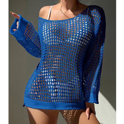 Traje de baño de punto holgado con cuello redondo y aberturas grandes para playa y vacaciones para mujer