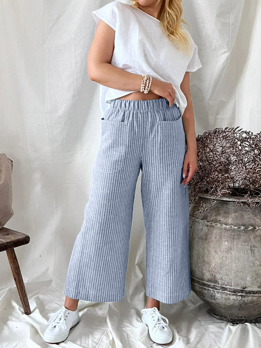 Women'S Fashion Casual Cotton Linen Stripe Loose Wide Leg Pants