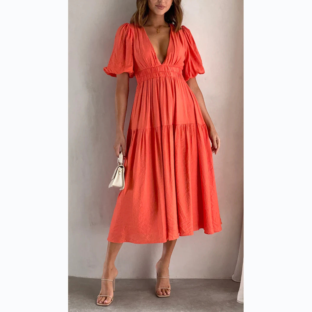 Vestido largo informal elegante con escote en V y mangas abullonadas de color liso para mujer