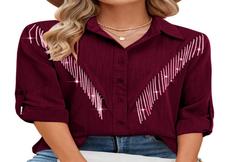 Blusa informal de manga larga con solapa y borlas de diamantes de imitación para mujer
