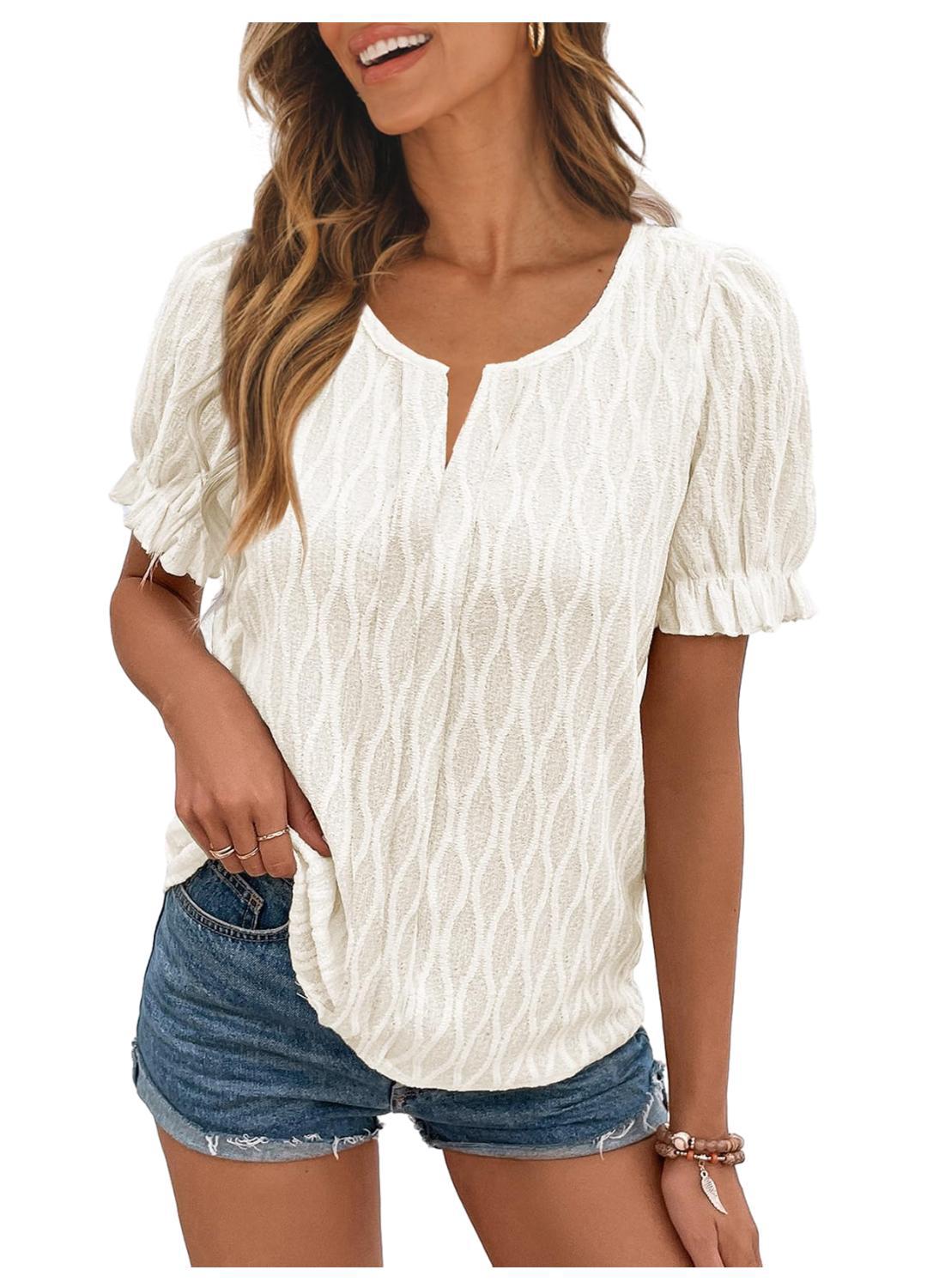 Blusa informal de jacquard de color liso con cuello en V y mangas abullonadas para mujer