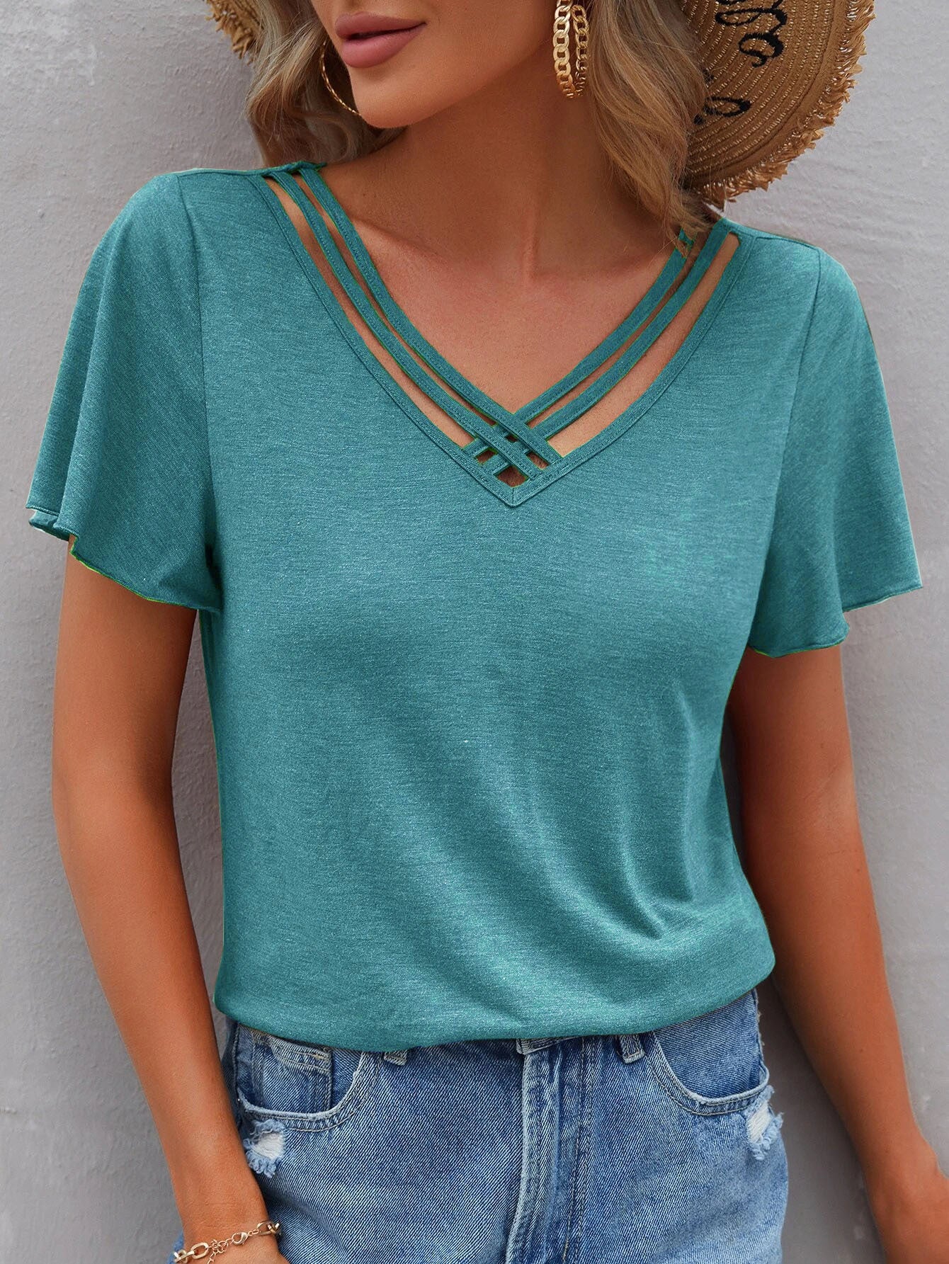 Camiseta informal de verano para mujer, con cuello en V y manga corta