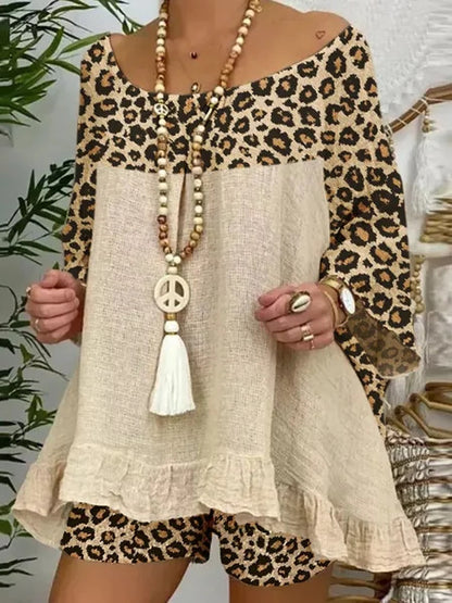 Conjunto de dos piezas con top y pantalones cortos con estampado de leopardo para mujer