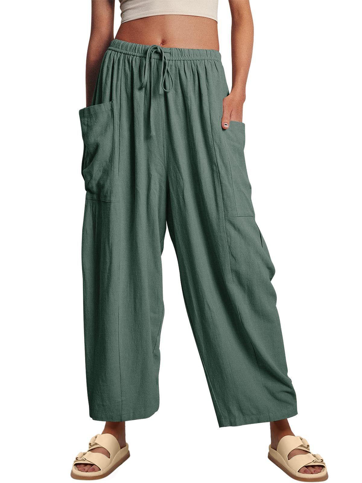 Pantalones cargo informales para mujer, con cintura elástica, plisados, de cintura alta, anchos y holgados, de algodón y lino con bolsillos.