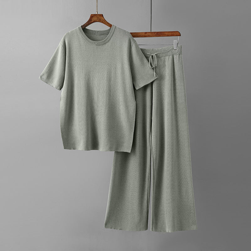 Conjunto de dos piezas de punto con top de manga corta y pernera ancha de color liso para mujer