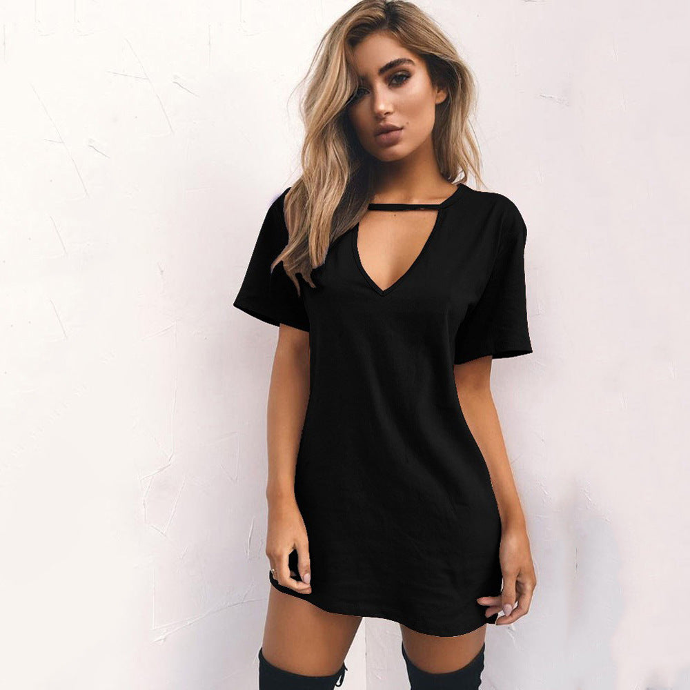 Vestido mini holgado informal básico de manga corta con cuello en V para mujer