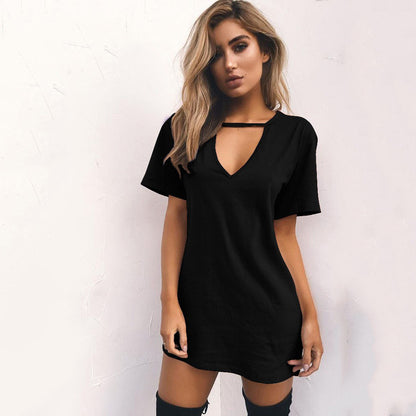 Vestido mini holgado informal básico de manga corta con cuello en V para mujer