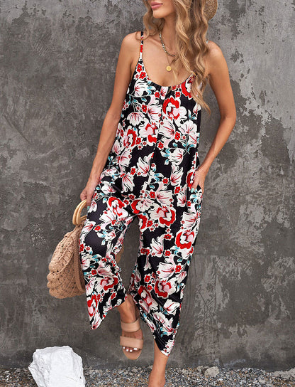 Summer Women Fashion Casual Sling Floral Printed Jumpsuits