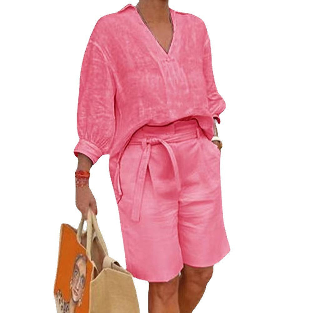 Conjunto de dos piezas para mujer, informal, de lino y algodón, holgado, con cuello en V, manga larga y pantalones cortos con cordones.