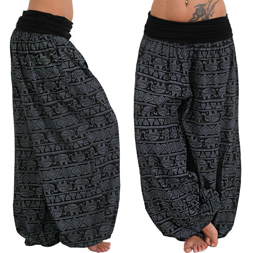 Women Casual Loose Printed High Waist Plus Size Wide Leg Pants