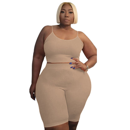 Plus Size Women Athleisure Casual Sports Two-Piece High Elastic U-Shaped Sleeveless Camis Shorts Set