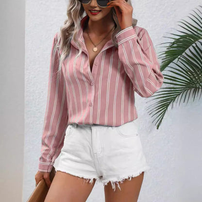 Blusa informal holgada de manga larga con solapa y rayas para mujer