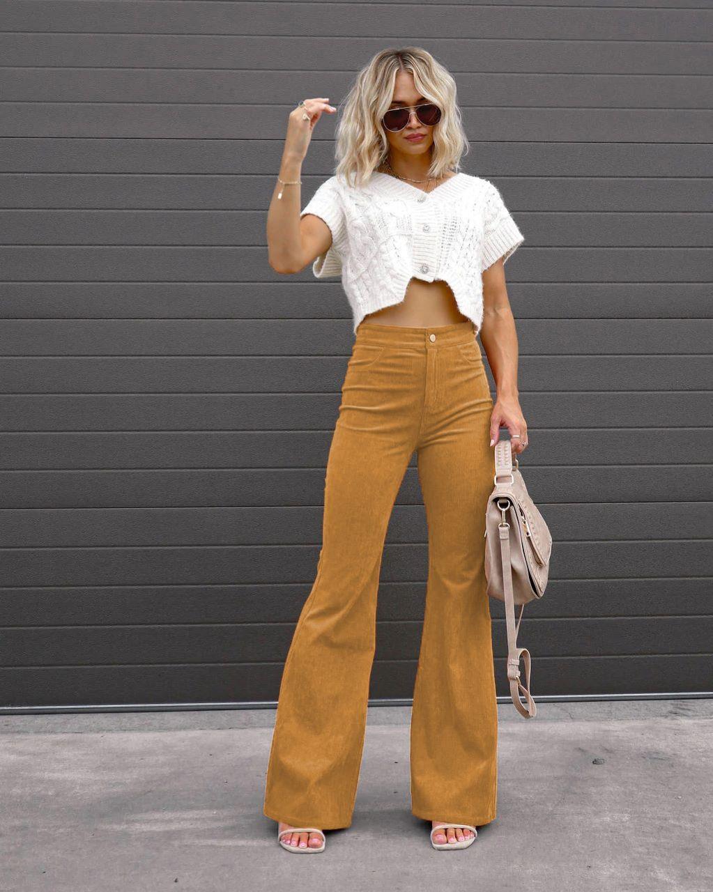 Women Solid Color Casual High Waist Corduroy Flared Pants
