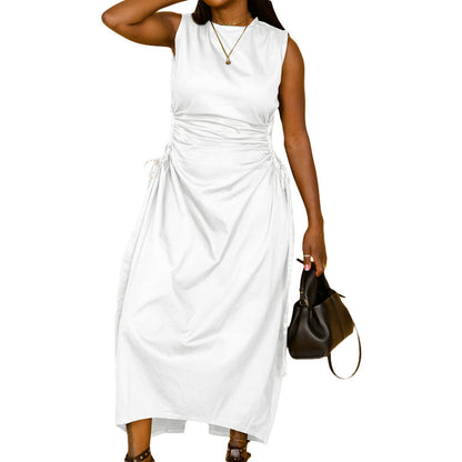 Vestido largo informal de nailon calado sin mangas de color liso para mujer, talla grande