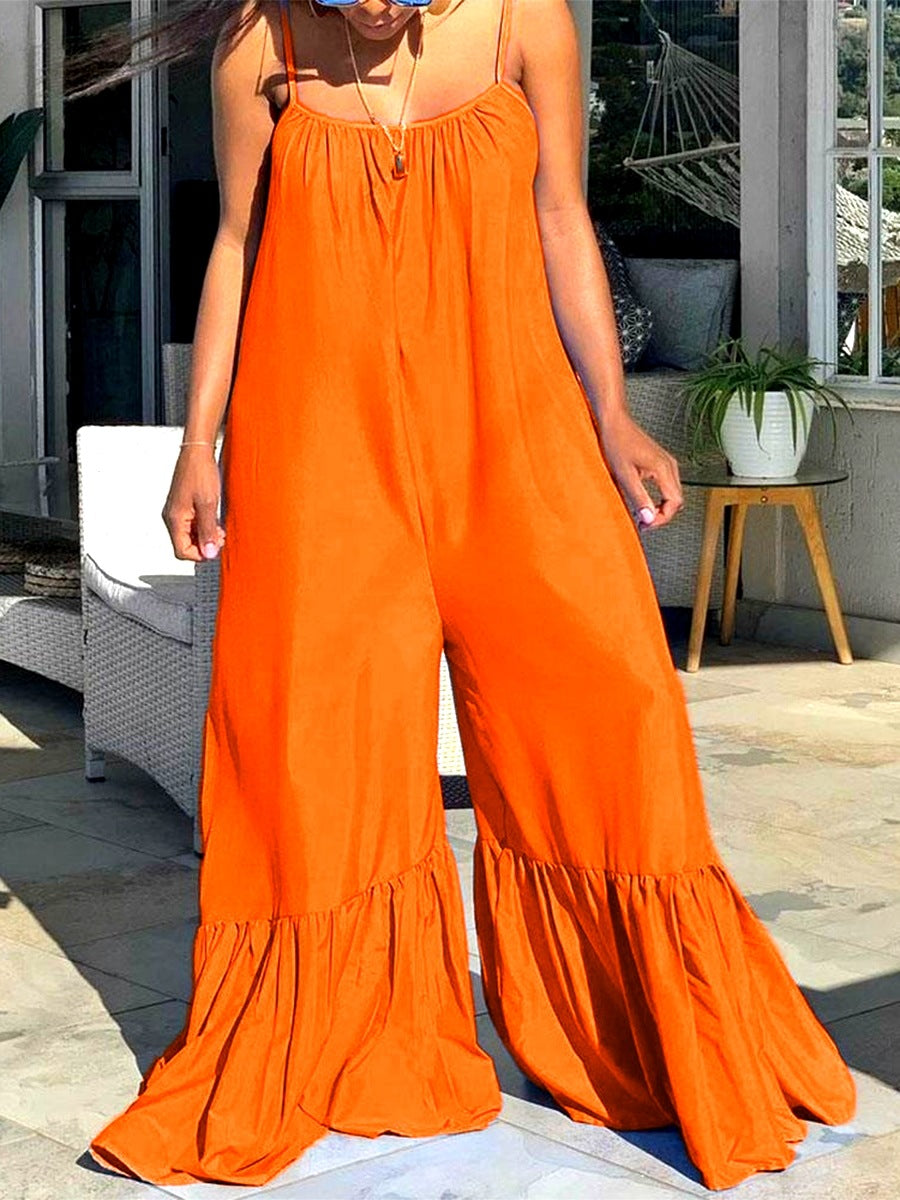 Women Casual Loose Plus Size Solid Color Sleeveless Ruffled Jumpsuits