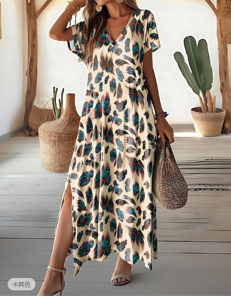 Women Casual Summer Graphic Feather Print Side Slit V-Neck Short Sleeve Regular Maxi Dress