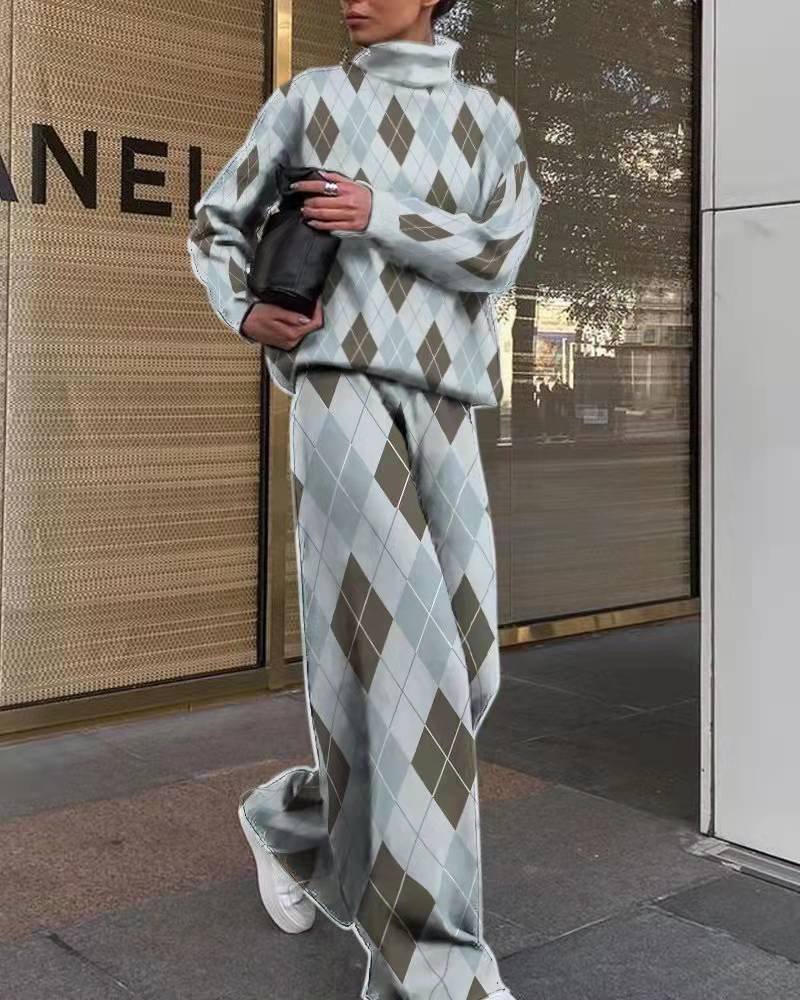 Conjunto de dos piezas de suéter y pantalón con estampado de pata de gallo para mujer