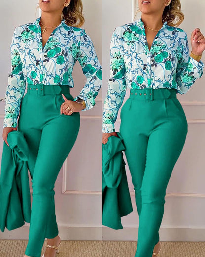 Blusa informal de manga larga con solapa y estampado floral para mujer, pantalones ajustados de dos piezas
