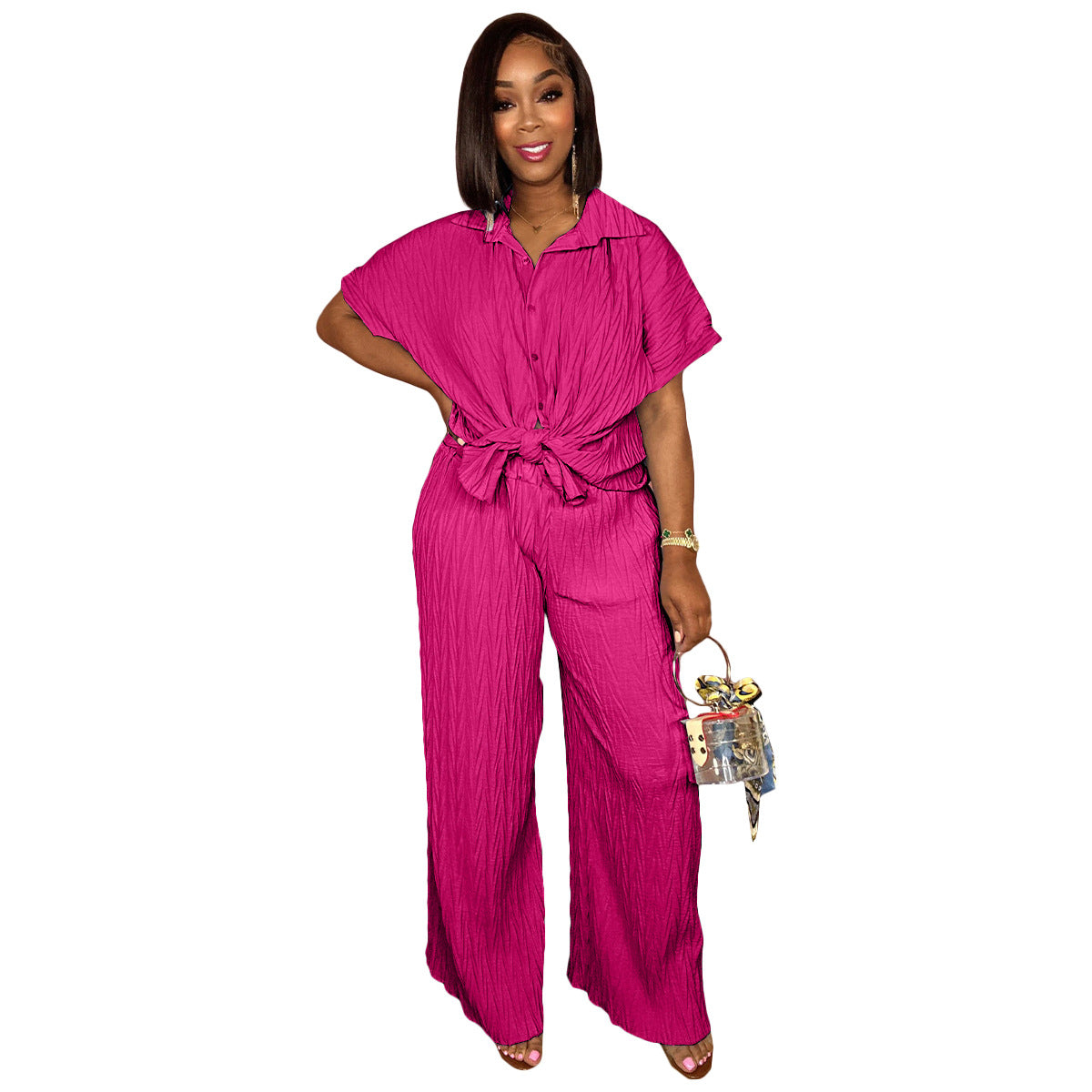 Women Spring And Summer Tree Pattern Embossed Cloth Short-Sleeved Shirt Casual Wide-Leg Pants Set