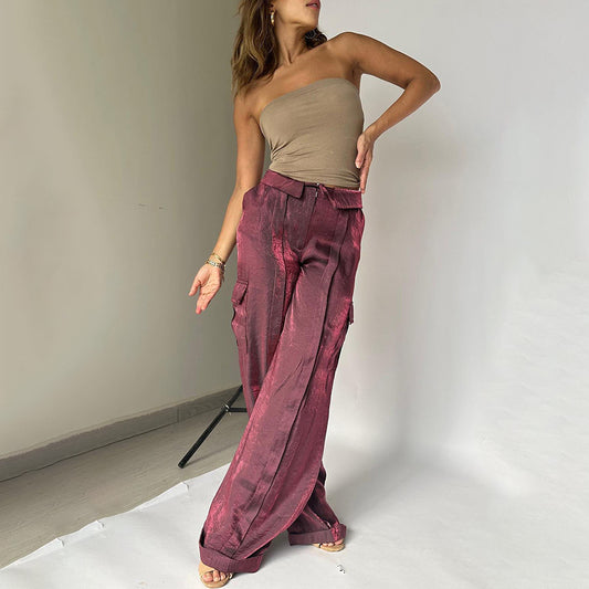 Pantalones casuales sueltos de color sólido con cremallera para mujer