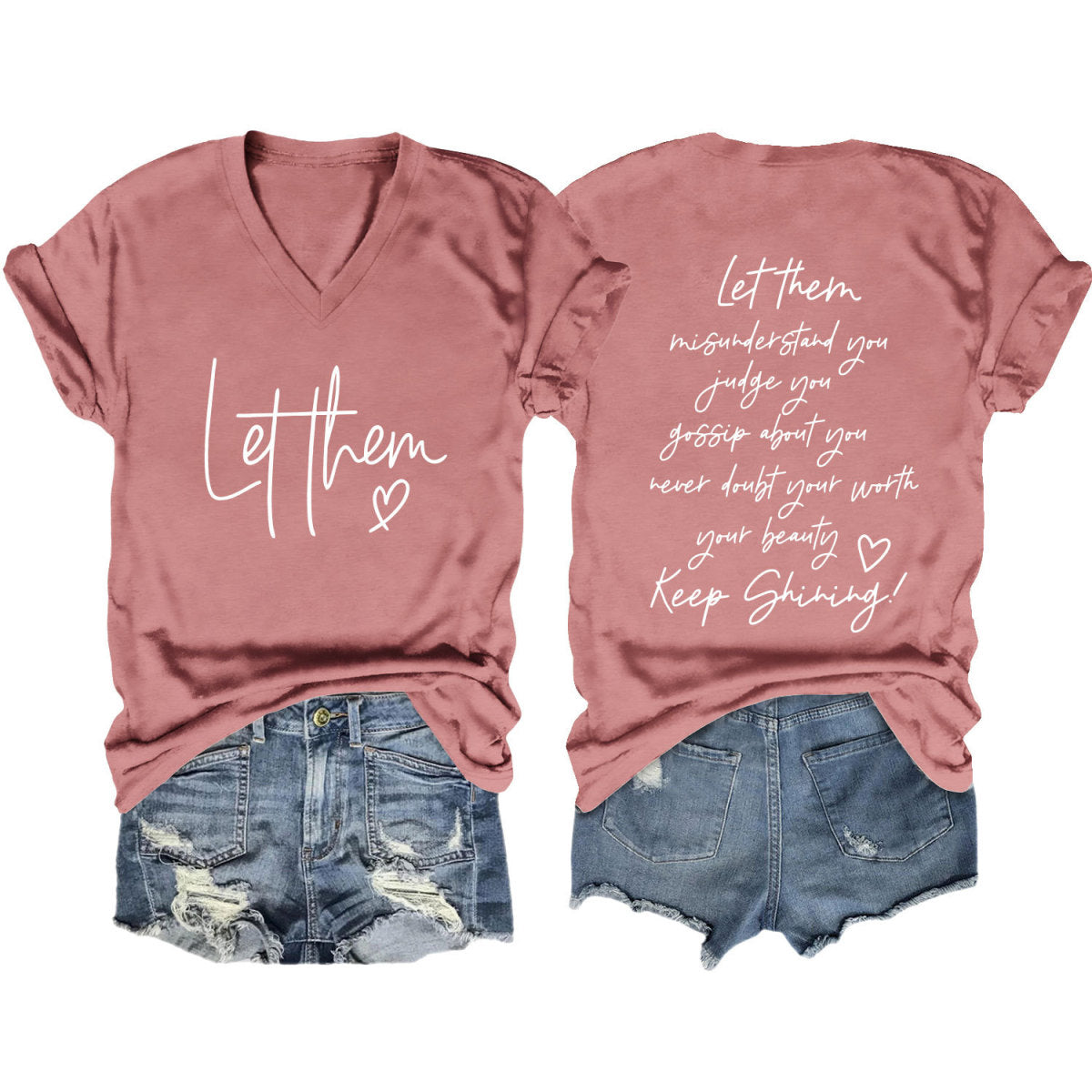 Camiseta informal de verano para mujer con estampado de letras de doble cara y cuello en V de manga corta