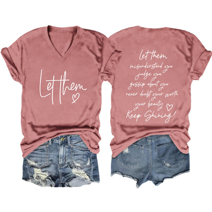 Camiseta informal de verano para mujer con estampado de letras de doble cara y cuello en V de manga corta