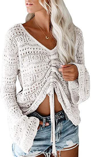 Women Casual Fashio V Neck Flare Long Sleeve Drawstring Knitted Sweater