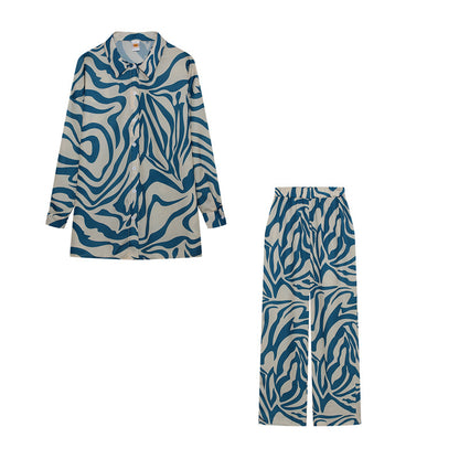 Conjunto de blusa y pantalón de manga larga con estampado de rayas informales a la moda para mujer