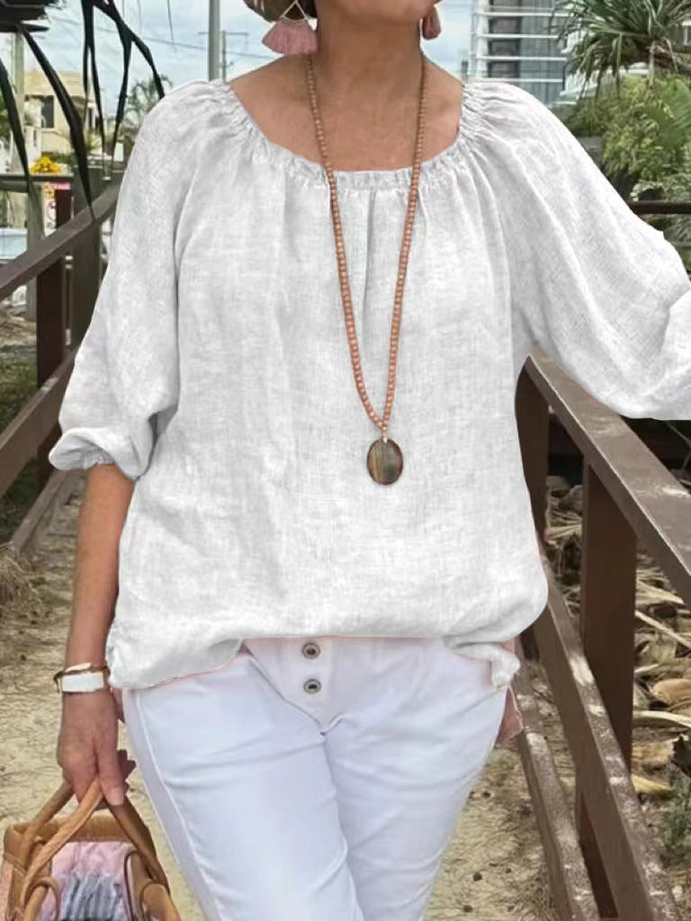 Women Casual Solid Color Round Neck Cotton Linen Plus Size Top