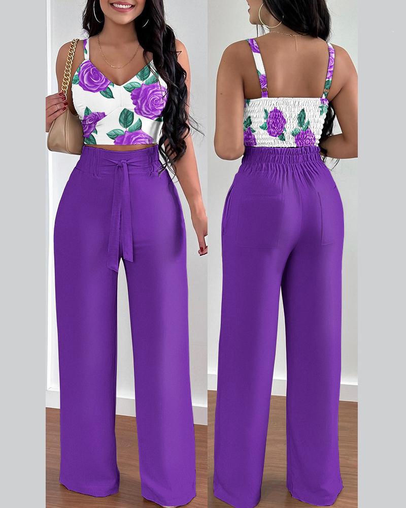 Conjunto de dos piezas para mujer, con top corto, pantalones holgados con cordones y estampado floral informal