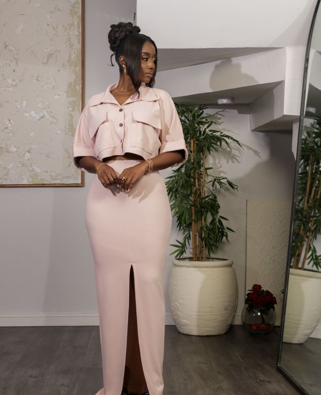 Conjunto de dos piezas formado por camisa y falda con abertura y manga corta, informal, de verano, para mujer