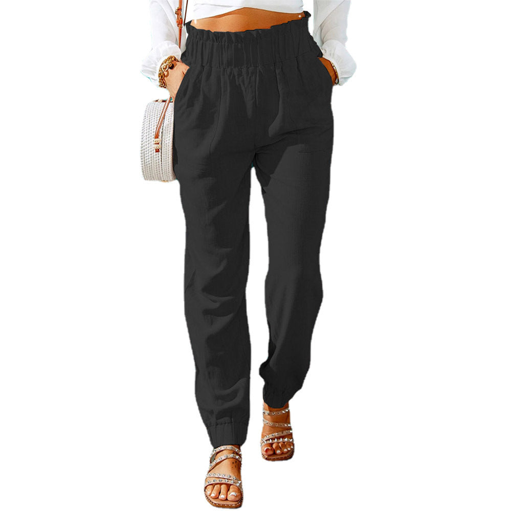 Women Ruffled Elastic Belt Mid Waist Solid Color Casual Jogger Pants