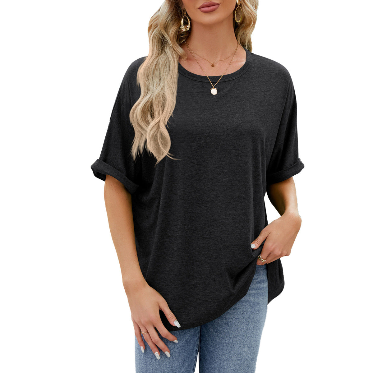 Camiseta informal de verano para mujer, color liso, cuello redondo y manga corta