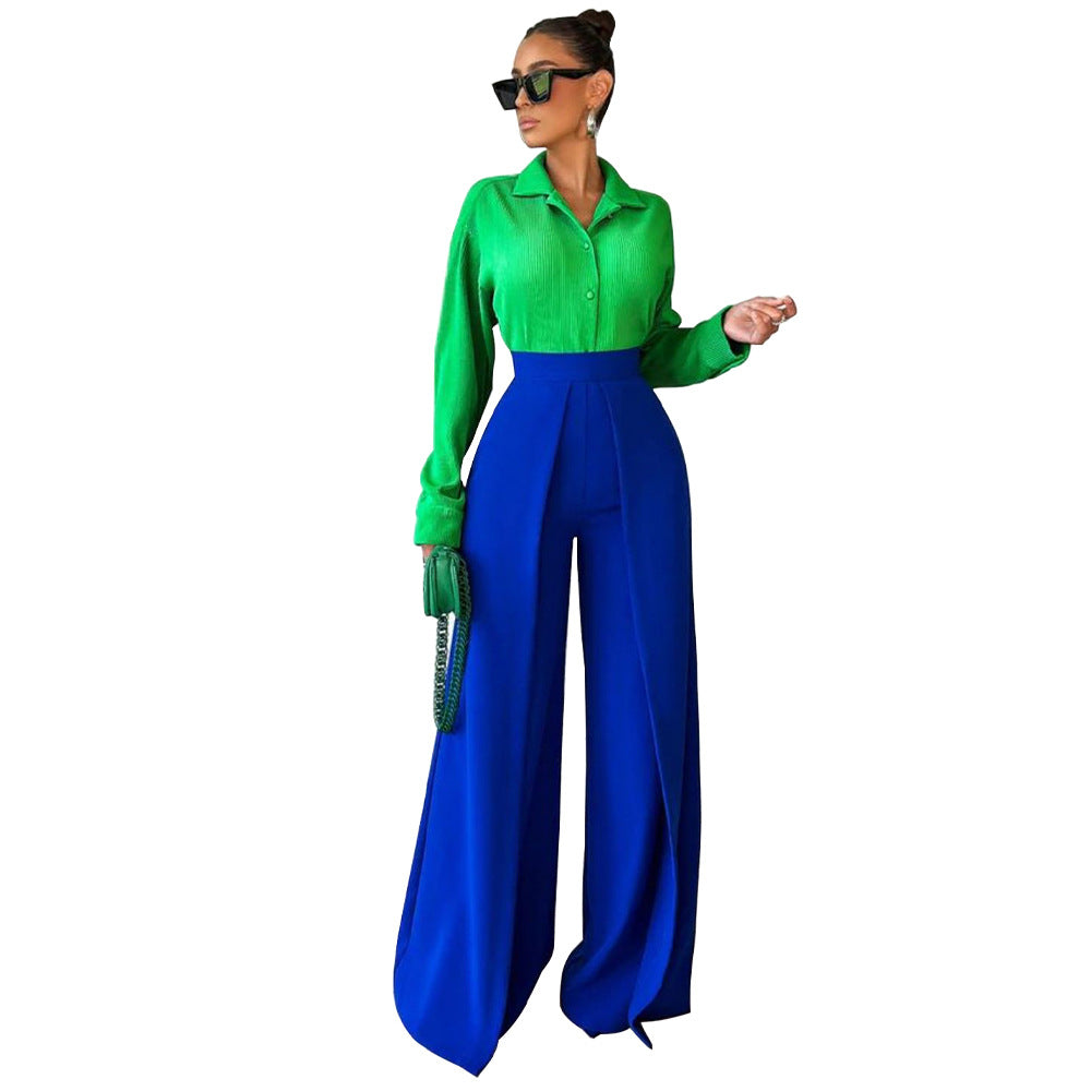 Women Casual Solid Color High-Waist Wide Leg Pants