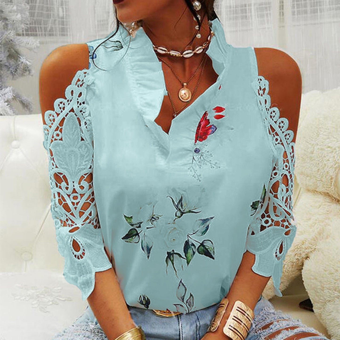 Blusa informal de verano para mujer, con estampado floral, hombros descubiertos, encaje y patchwork, de manga larga