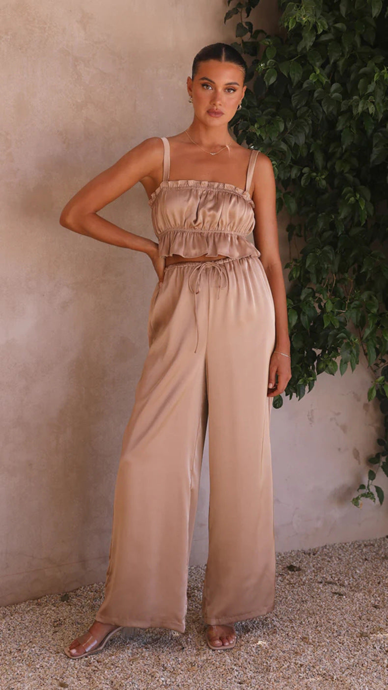 Conjunto de dos piezas de verano para mujer, color liso, informal, con cuello de una palabra, tirantes y pantalones de pierna ancha