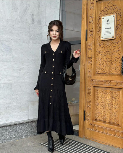 Vestido maxi de punto ajustado de manga larga con escote en V y color liso informal de otoño para mujer