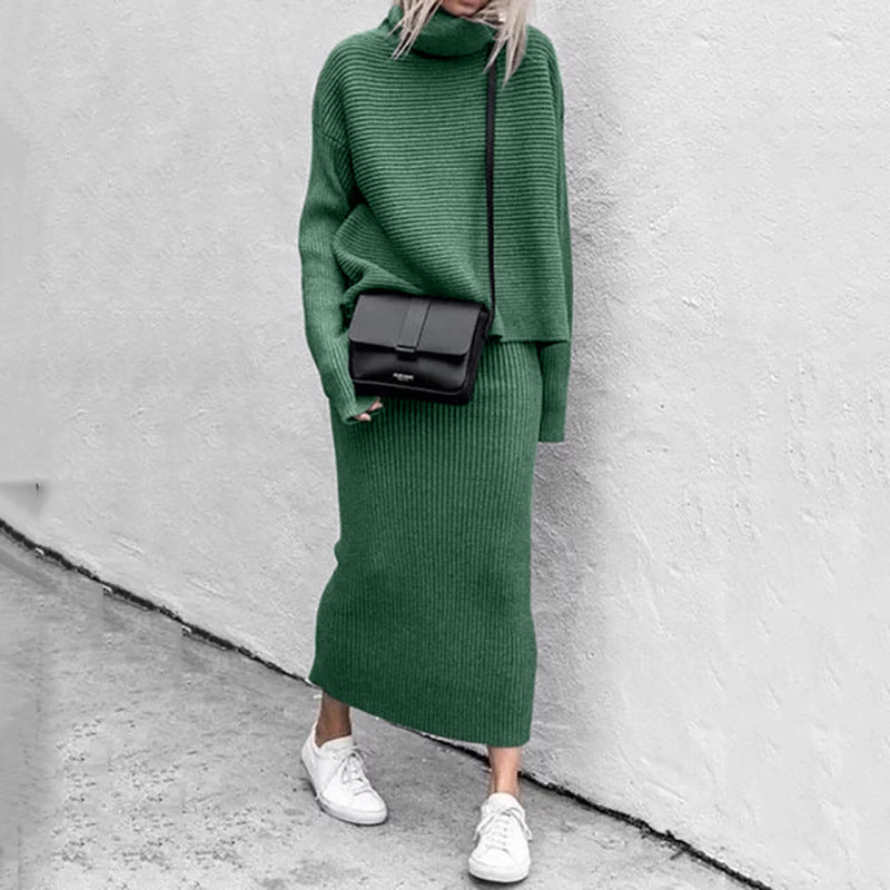 Conjunto de dos piezas informal holgado de cuello alto y manga larga para mujer, de punto liso, para invierno y otoño