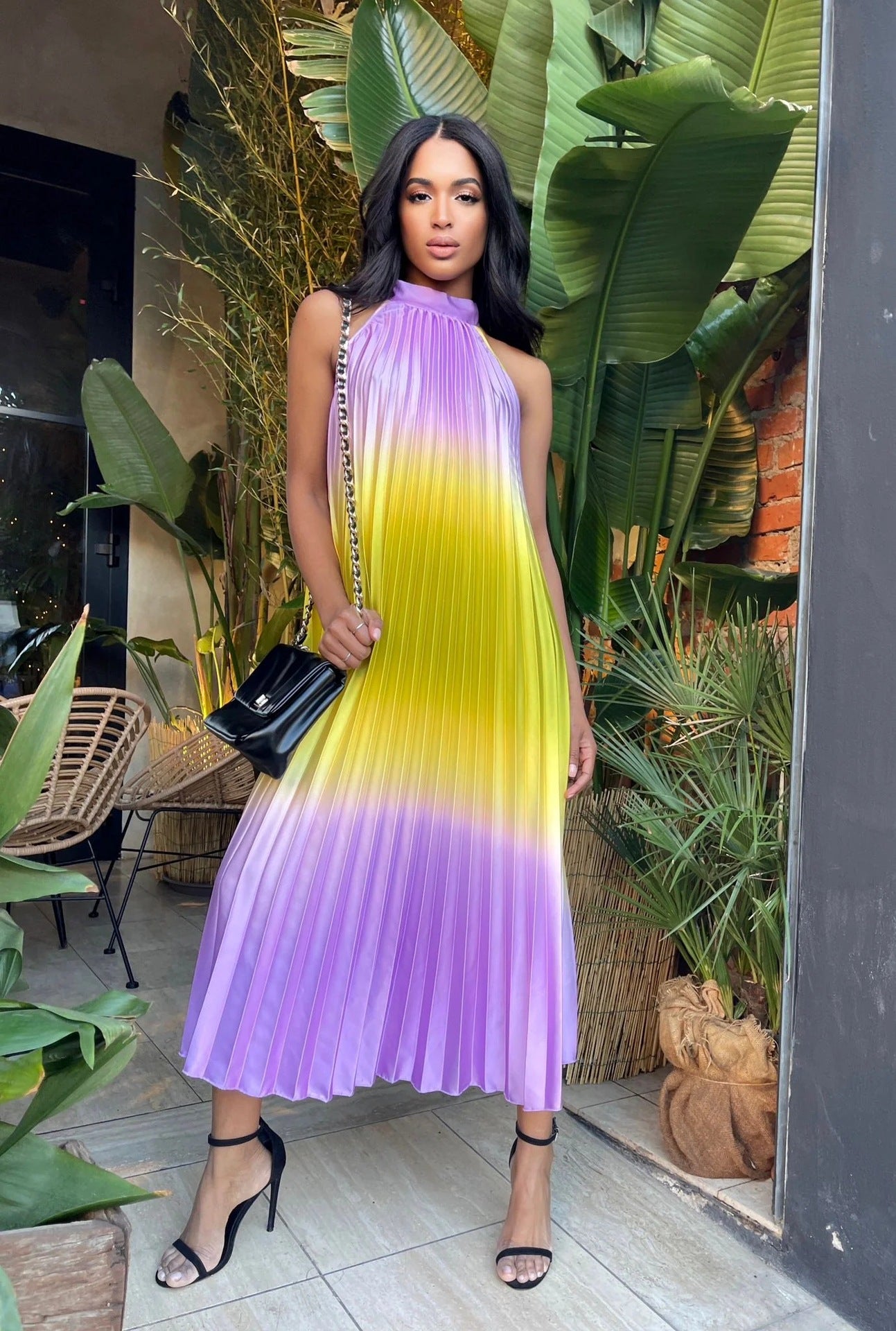 Vestido plisado sin mangas con cuello redondo informal a la moda para mujer