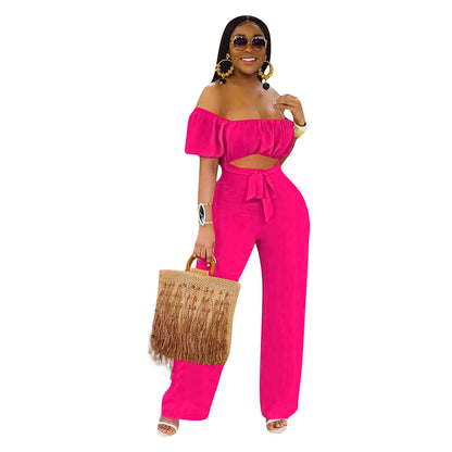 Women Solid Color Backless One-Shoulder One-Piece Casual Wide-Leg Jumpsuit