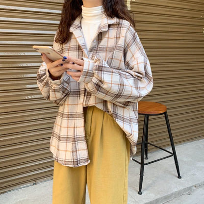 Chaqueta informal a cuadros de manga larga, holgada, con solapa y botonadura sencilla para mujer
