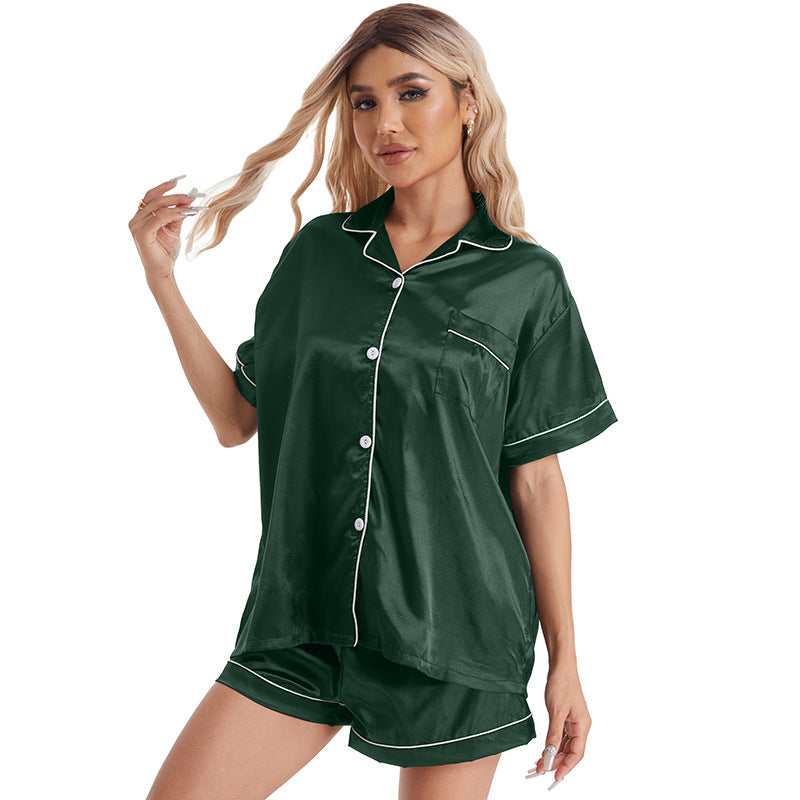 Conjunto de pijama de manga corta con solapa informal de imitación de seda para mujer
