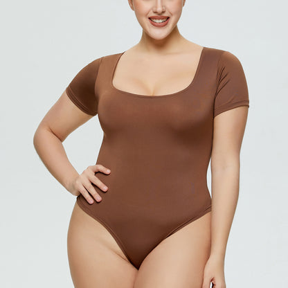Women Fashion Casual Square Collar Tight Basic Solid Color Slim-Fit Plus Size Short-Sleeve Bodysuit