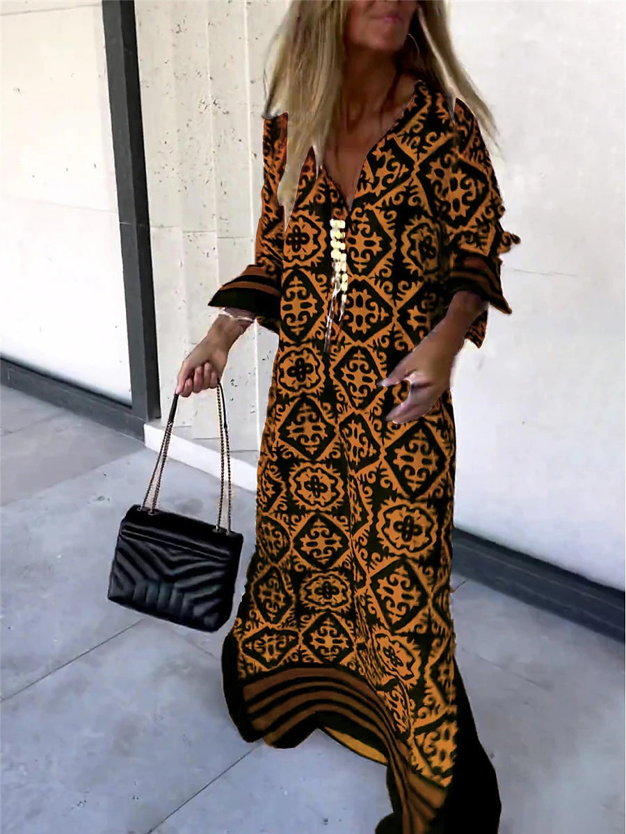 Women Casual Boho Style Geometry Stripe Print Long Sleeve V Neck Loose Maxi Dress