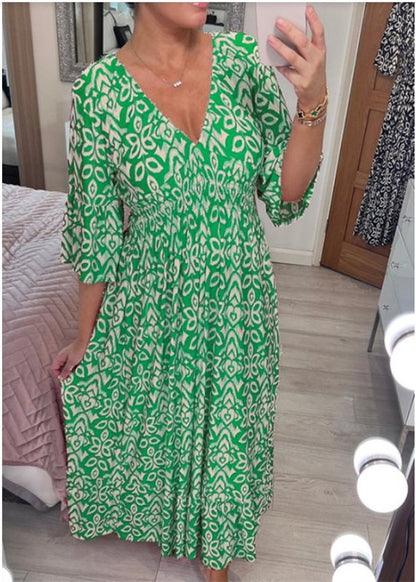 Vestido largo informal con cuello en V y estampado de flores pequeñas para mujer