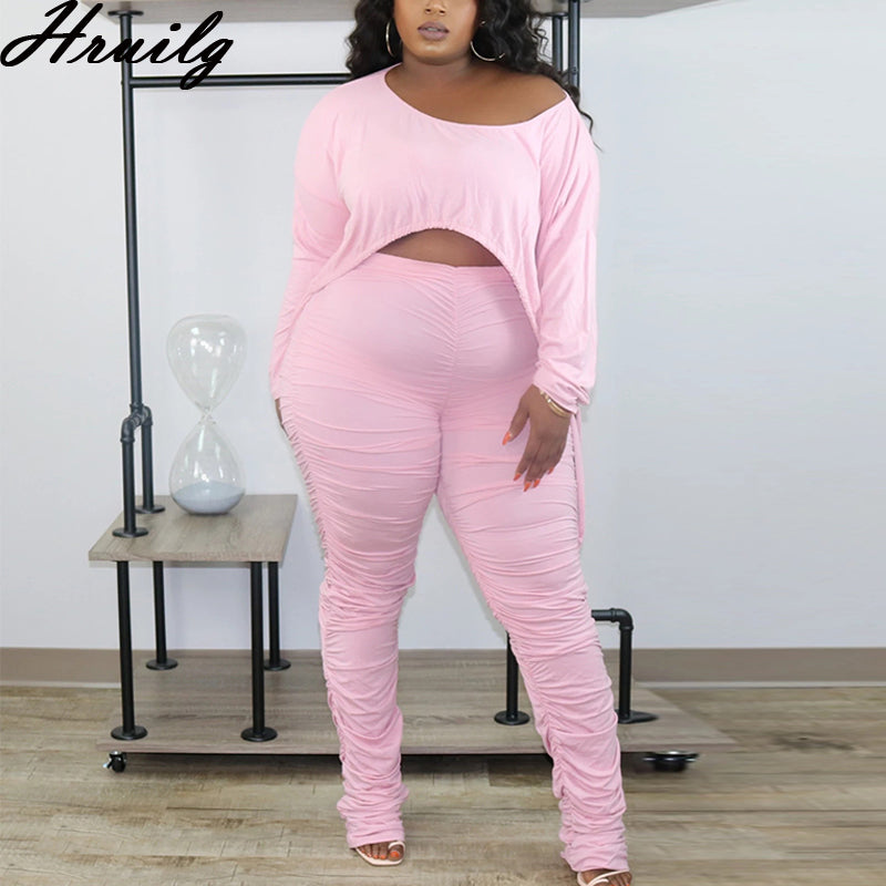 Conjunto de dos piezas de ropa informal para mujer, con top corto de manga larga y pantalones largos fruncidos, color liso