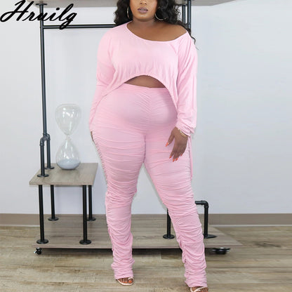 Conjunto de dos piezas de ropa informal para mujer, con top corto de manga larga y pantalones largos fruncidos, color liso